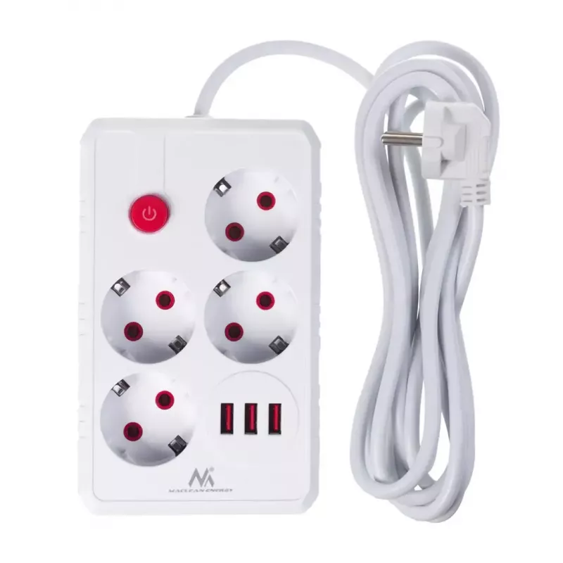 Ciabatta MACLEAN MCE393 W — 4 prese + 3×USB, 110–240V, 2,1A USB, 2500W, 3 m, bianco