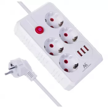 Ciabatta MACLEAN MCE393 W — 4 prese + 3×USB, 110–240V, 2,1A USB, 2500W, 3 m, bianco