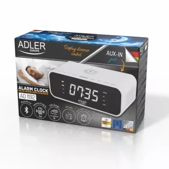 Sveglia Adler AD 1192W – sveglia da comodino compatta con caricabatterie wireless e ingresso AUX, bianco
