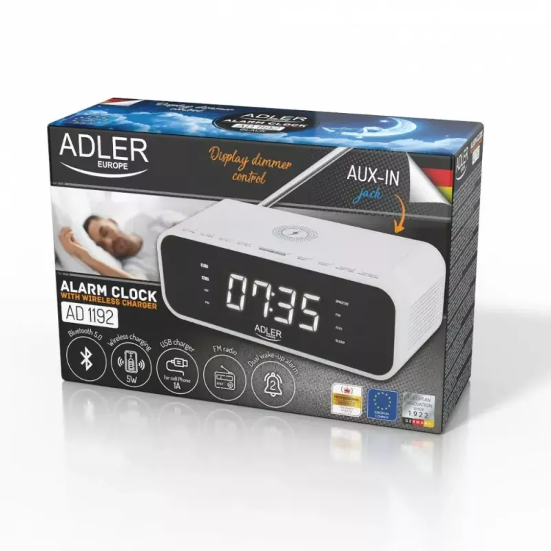 Sveglia Adler AD 1192W – sveglia da comodino compatta con caricabatterie wireless e ingresso AUX, bianco