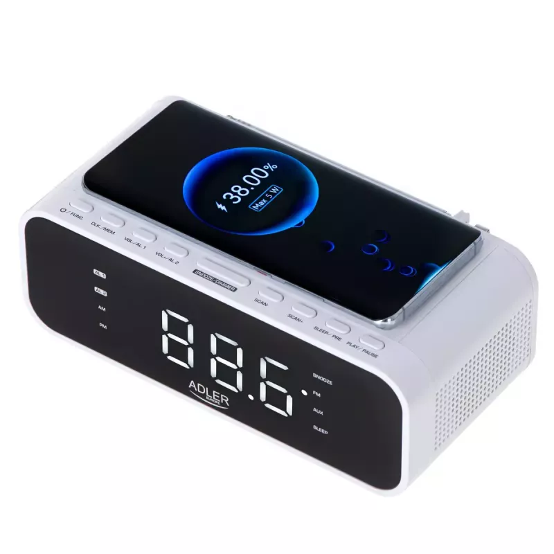 Sveglia Adler AD 1192W – sveglia da comodino compatta con caricabatterie wireless e ingresso AUX, bianco