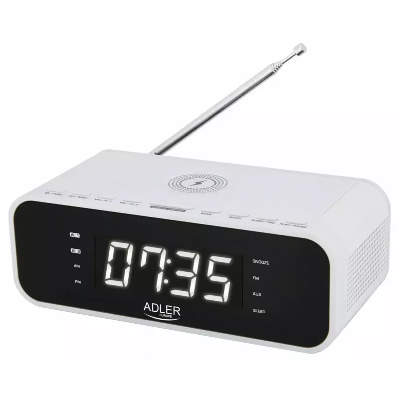 Sveglia Adler AD 1192W – sveglia da comodino compatta con caricabatterie wireless e ingresso AUX, bianco