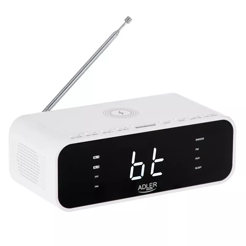 Sveglia Adler AD 1192W – sveglia da comodino compatta con caricabatterie wireless e ingresso AUX, bianco