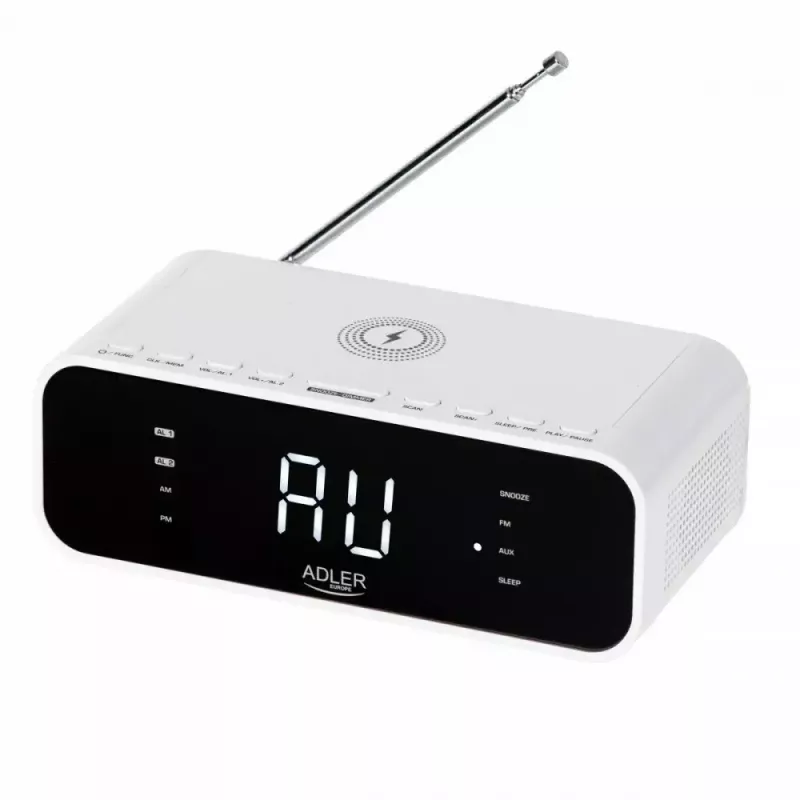 Sveglia Adler AD 1192W – sveglia da comodino compatta con caricabatterie wireless e ingresso AUX, bianco
