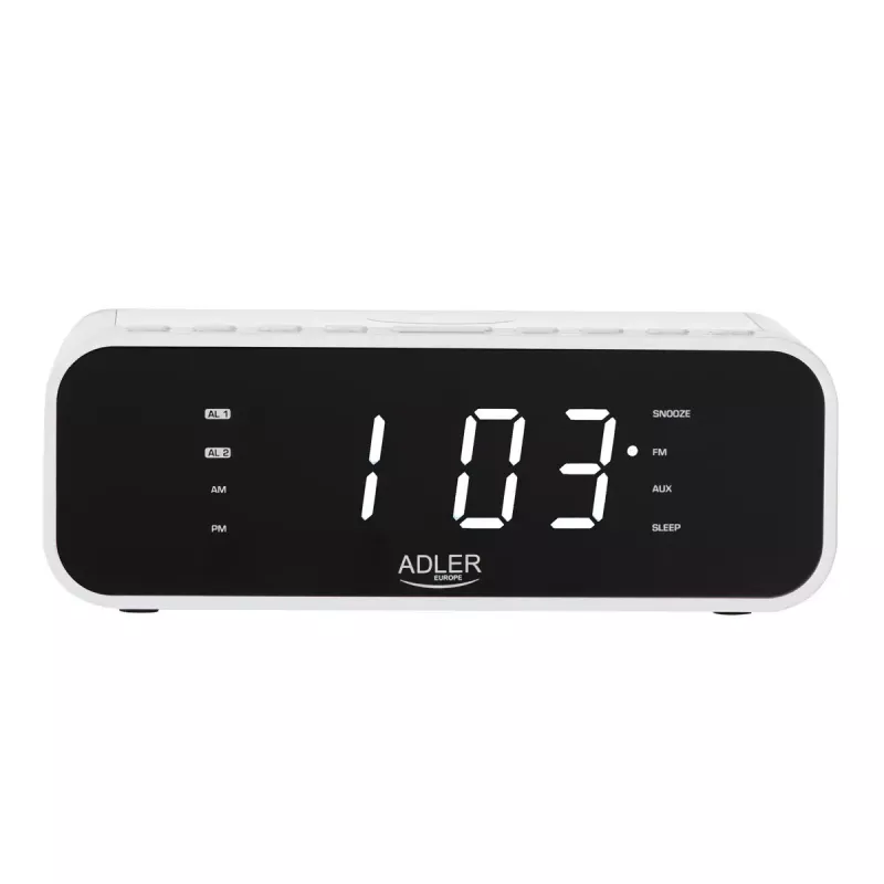 Sveglia Adler AD 1192W – sveglia da comodino compatta con caricabatterie wireless e ingresso AUX, bianco