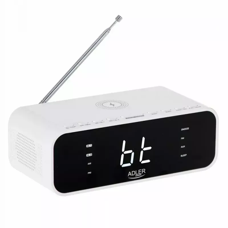 Sveglia Adler AD 1192W – sveglia da comodino compatta con caricabatterie wireless e ingresso AUX, bianco