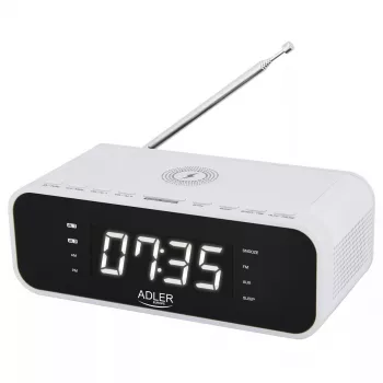 Sveglia Adler AD 1192W – sveglia da comodino compatta con caricabatterie wireless e ingresso AUX, bianco