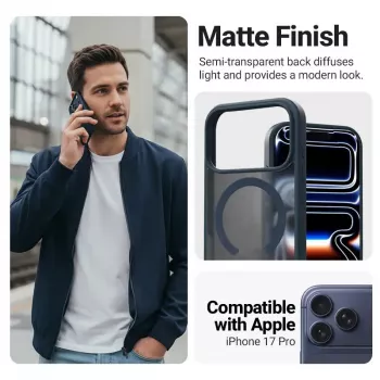 Custodia protettiva MagSafe Crong Hybrid Matte Magnetic per iPhone 17 Pro — PC + TPU, blu navy traslucido