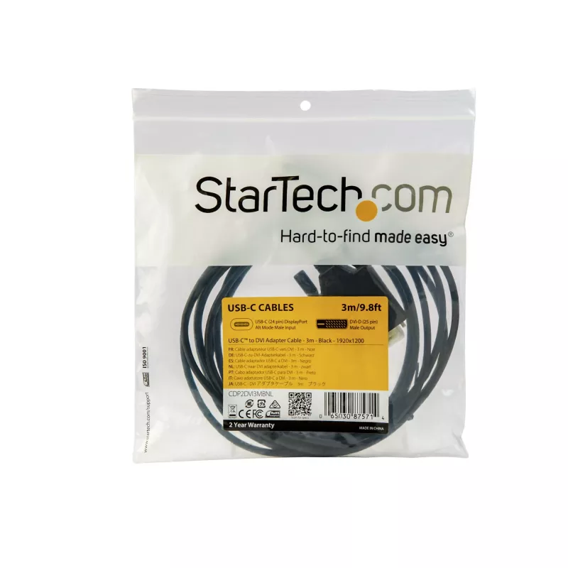 StarTech.com cavo USB-C a DVI da 10ft (3m) – 1080p (Single Link) cavo adattatore USB Type-C (DP Alt Mode HBR2) a DVI-Digital-Video – funziona con Thunderbolt 3 – da laptop a monitor/display DVI