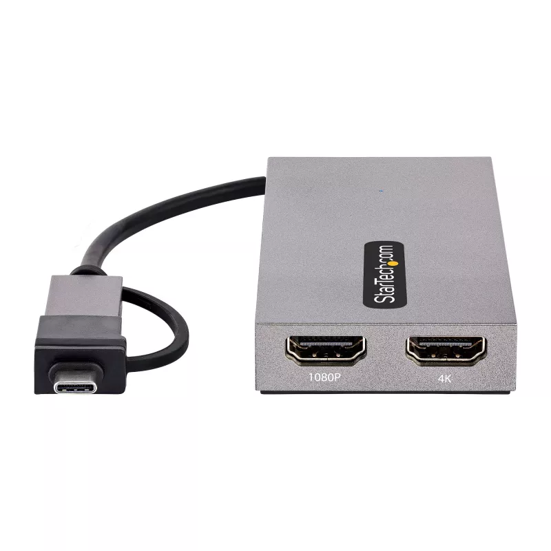 StarTech.com Adattatore USB a doppio HDMI, USB-A/C su 2 display HDMI (1x 4K30Hz, 1x 1080p), dongle USB-A a C integrato, cavo da 11 cm, adattatore display USB 3.0 a HDMI, Windows e macOS