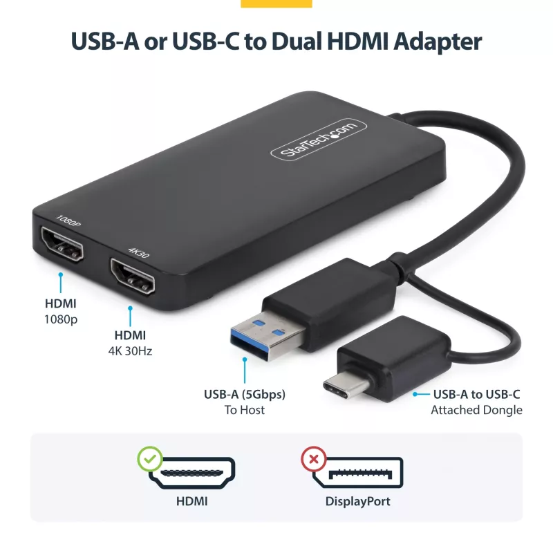 StarTech.com Adattatore USB a doppio HDMI, USB-A/C su 2 display HDMI (1x 4K30Hz, 1x 1080p), dongle USB-A a C integrato, cavo da 11 cm, adattatore display USB 3.0 a HDMI, Windows e macOS