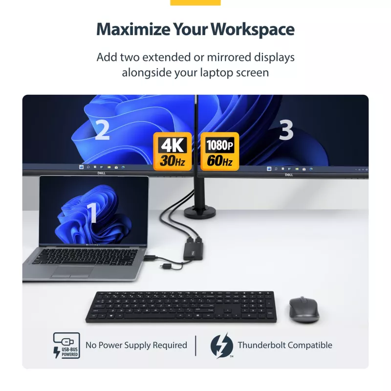 StarTech.com Adattatore USB a doppio HDMI, USB-A/C su 2 display HDMI (1x 4K30Hz, 1x 1080p), dongle USB-A a C integrato, cavo da 11 cm, adattatore display USB 3.0 a HDMI, Windows e macOS