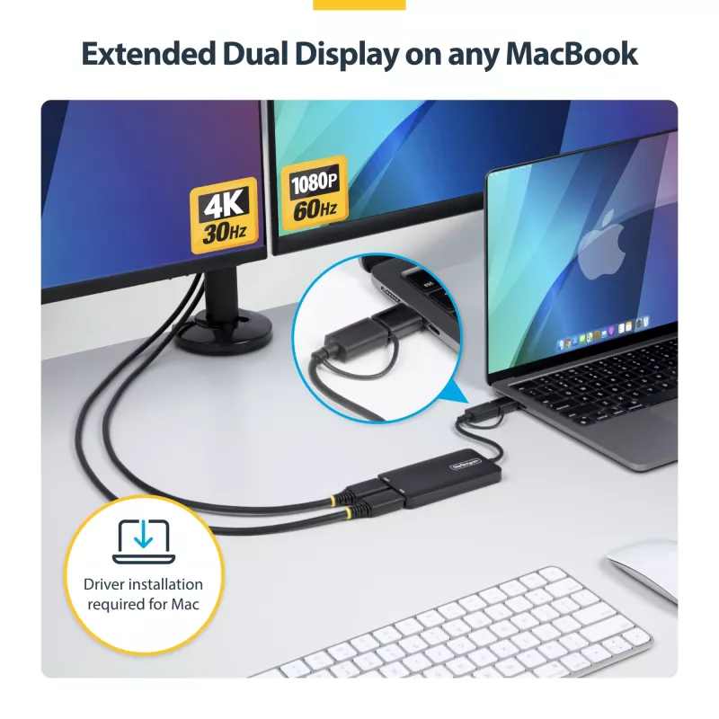 StarTech.com Adattatore USB a doppio HDMI, USB-A/C su 2 display HDMI (1x 4K30Hz, 1x 1080p), dongle USB-A a C integrato, cavo da 11 cm, adattatore display USB 3.0 a HDMI, Windows e macOS