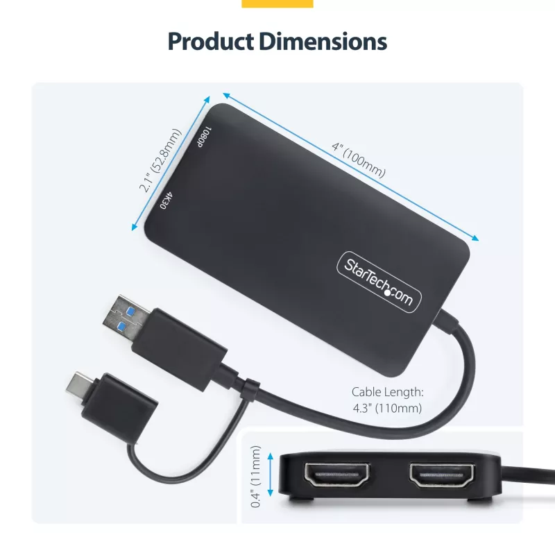 StarTech.com Adattatore USB a doppio HDMI, USB-A/C su 2 display HDMI (1x 4K30Hz, 1x 1080p), dongle USB-A a C integrato, cavo da 11 cm, adattatore display USB 3.0 a HDMI, Windows e macOS