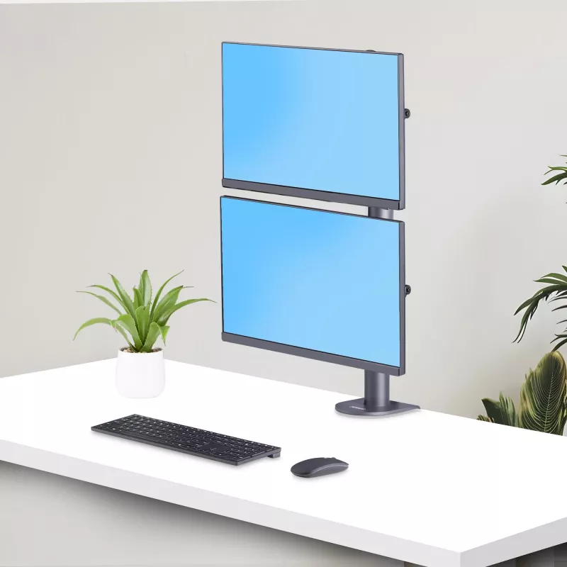 StarTech.com Supporto da tavolo per 2 monitor impilati verticalmente, doppio 49 pollici, totale 32 kg, morsetto a C, sistema VESA Quick-Release, widescreen 16:9/ultrawide 32:9, TAA