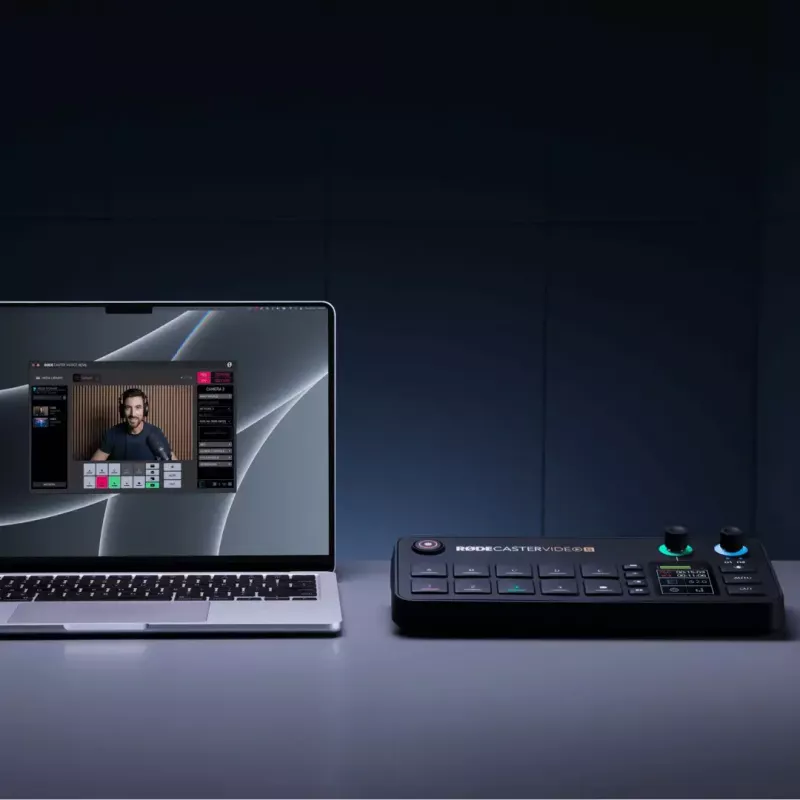 Console di produzione multicanale per podcast e livestream Rode RodeCaster Video S RCVS-E – touchscreen, Wi-Fi, Bluetooth 5.3, 5x USB-C, 3x ingresso HDMI, 1x uscita HDMI, microSD