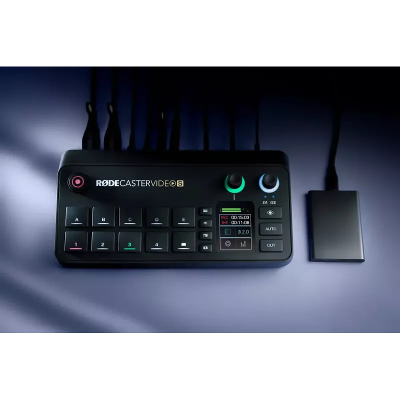 Console di produzione multicanale per podcast e livestream Rode RodeCaster Video S RCVS-E – touchscreen, Wi-Fi, Bluetooth 5.3, 5x USB-C, 3x ingresso HDMI, 1x uscita HDMI, microSD