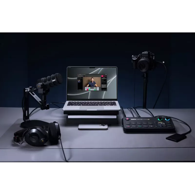 Console di produzione multicanale per podcast e livestream Rode RodeCaster Video S RCVS-E – touchscreen, Wi-Fi, Bluetooth 5.3, 5x USB-C, 3x ingresso HDMI, 1x uscita HDMI, microSD