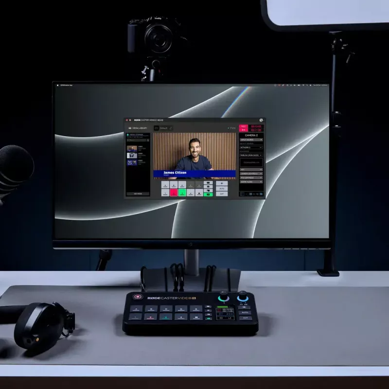 Console di produzione multicanale per podcast e livestream Rode RodeCaster Video S RCVS-E – touchscreen, Wi-Fi, Bluetooth 5.3, 5x USB-C, 3x ingresso HDMI, 1x uscita HDMI, microSD