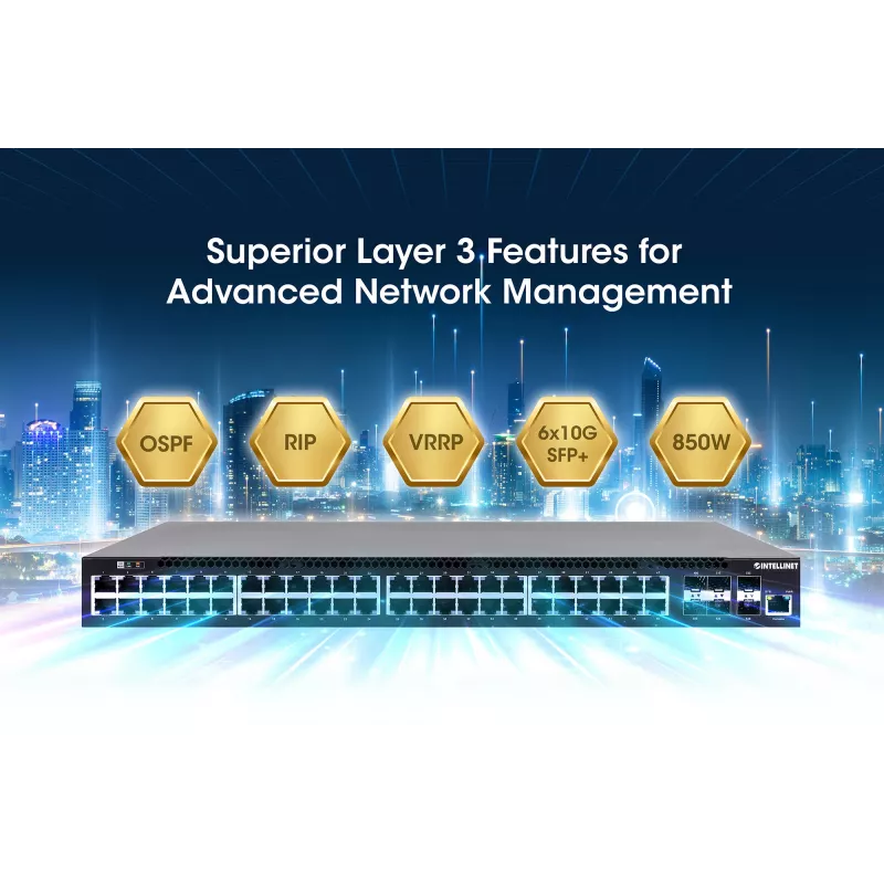 Intellinet switch PoE+ L3 fully managed a 54 porte con 48 porte Gigabit Ethernet e 6 uplink SFP+