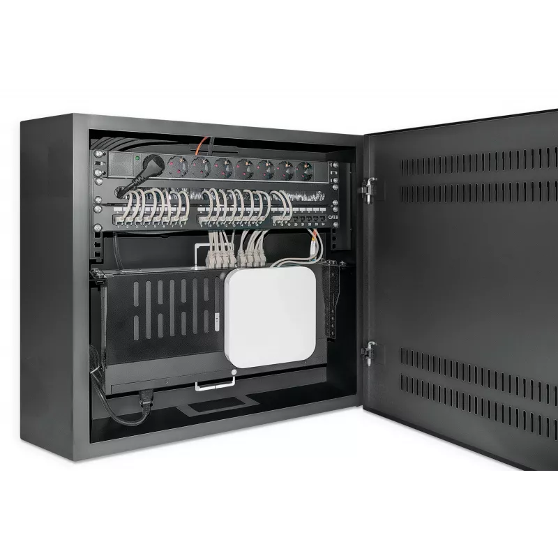 Intellinet armadio a parete low-profile 19 pollici con 4U guide orizzontali e 2U verticali, case sottile e salvaspazio con soli 170 mm di profondità, ideale per applicazioni AV, multimedia e di sorveglianza, montato, nero RAL 7021