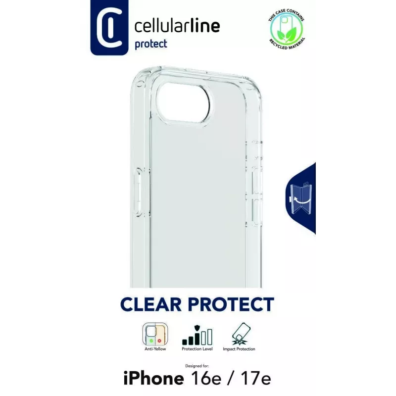 Cellularline Clear Protect - custodia rigida per iPhone 16e/17e con bordi in gomma