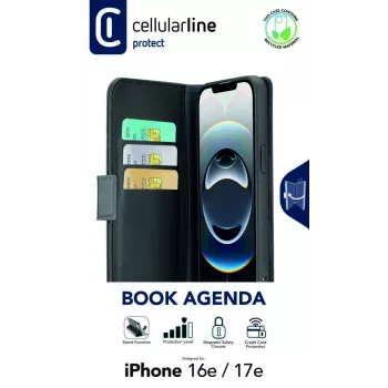 Cellularline Book Agenda - custodia a libro effetto pelle per iPhone 16e/17e con chiusura magnetica