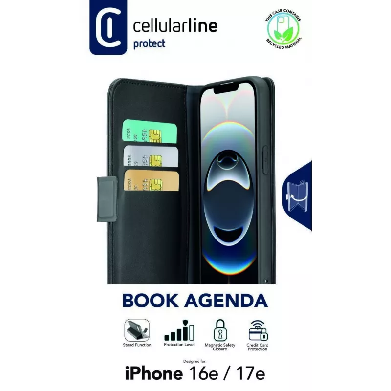 Cellularline Book Agenda - custodia a libro effetto pelle per iPhone 16e/17e con chiusura magnetica