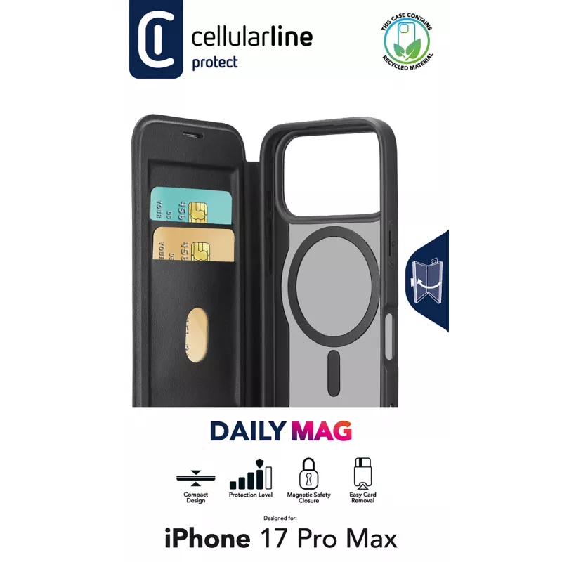Cellularline Daily Mag - custodia a libro per iPhone 17 Pro Max con retro rigido semitrasparente compatibile con ecosistema Magsafe®
