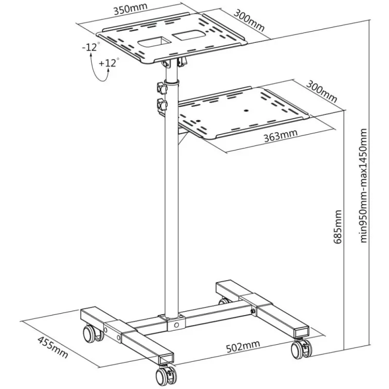 Techly ICA-TB TPM-10 carrello regolabile in altezza per proiettore e notebook con ripiano, nero