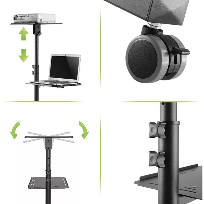 Techly ICA-TB TPM-10 carrello regolabile in altezza per proiettore e notebook con ripiano, nero