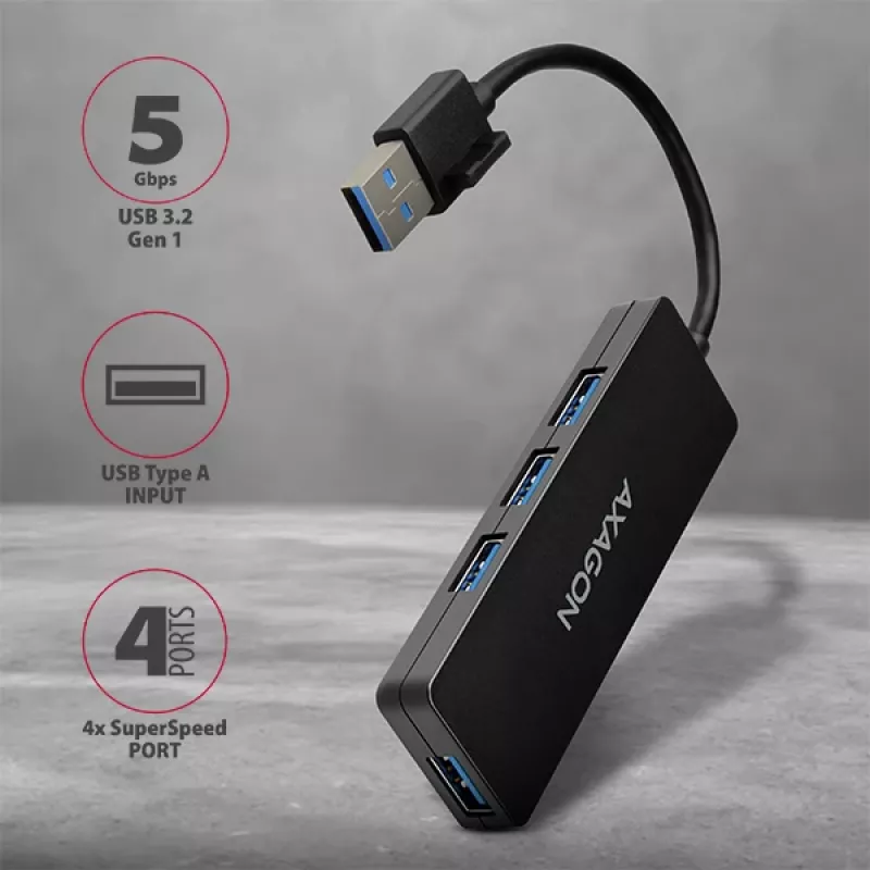Hub USB slim Axagon SuperSpeed, USB 3.2 Gen 1 (3.1 Gen 1) Type-A, USB 3.2 Gen 1 (3.1 Gen 1) Type-A, 5000 Mbit/s, nero, plastica, 0,14 m