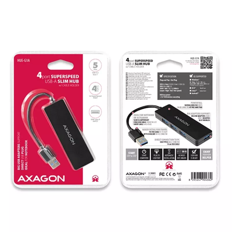 Hub USB slim Axagon SuperSpeed, USB 3.2 Gen 1 (3.1 Gen 1) Type-A, USB 3.2 Gen 1 (3.1 Gen 1) Type-A, 5000 Mbit/s, nero, plastica, 0,14 m