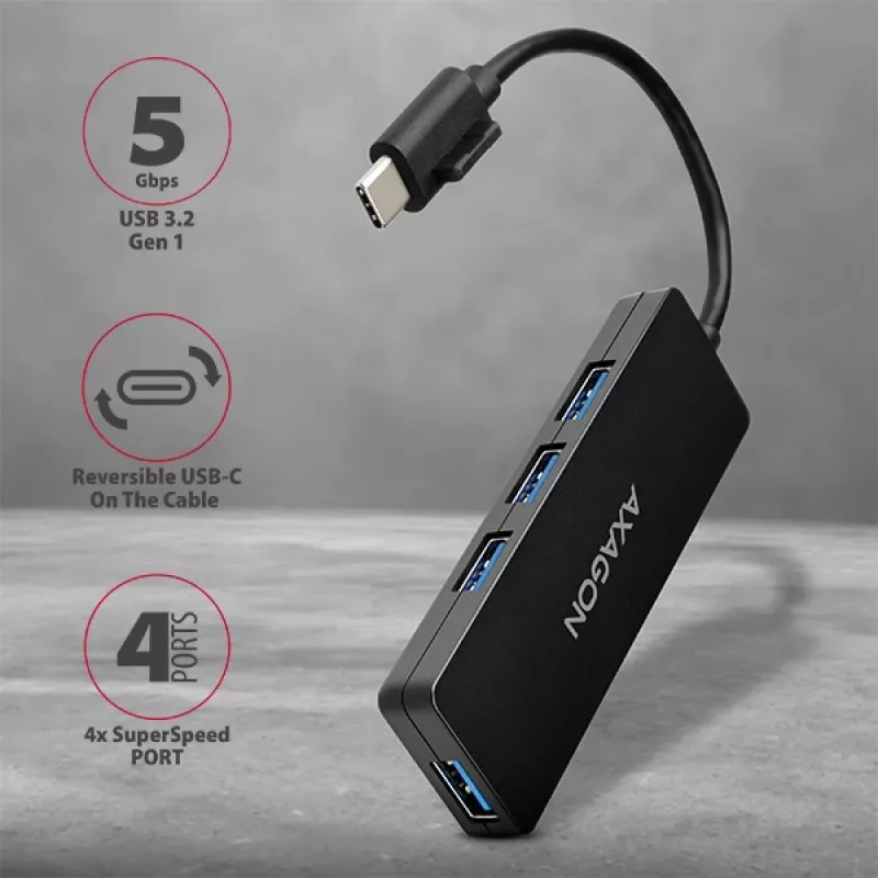 Hub USB-C slim Axagon SuperSpeed, USB 3.2 Gen 1 (3.1 Gen 1) Type-C, USB 3.2 Gen 1 (3.1 Gen 1) Type-A, 5000 Mbit/s, nero, plastica, 0,14 m