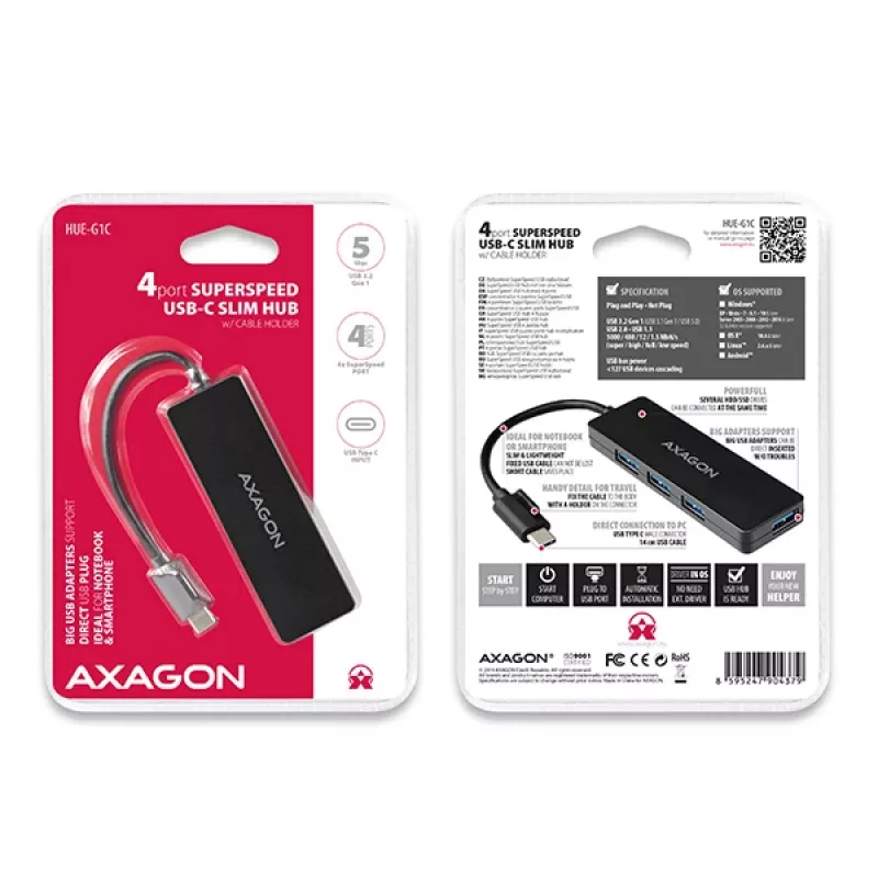 Hub USB-C slim Axagon SuperSpeed, USB 3.2 Gen 1 (3.1 Gen 1) Type-C, USB 3.2 Gen 1 (3.1 Gen 1) Type-A, 5000 Mbit/s, nero, plastica, 0,14 m