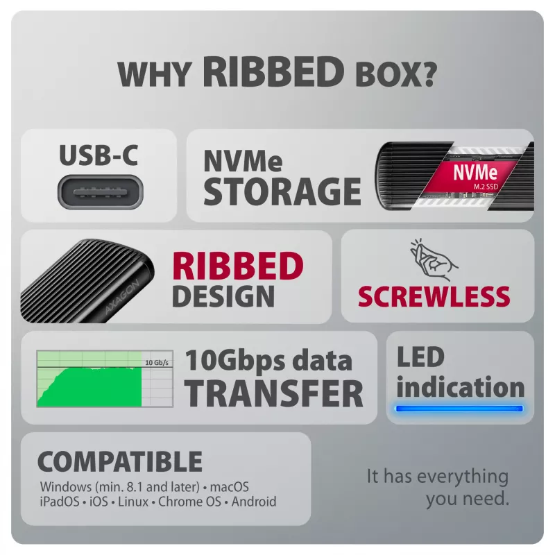 Case esterno in metallo AXAGON EEM2-SC USB-C 10 Gbit/s senza viti per SSD M.2 NVMe, un alloggiamento, grigio