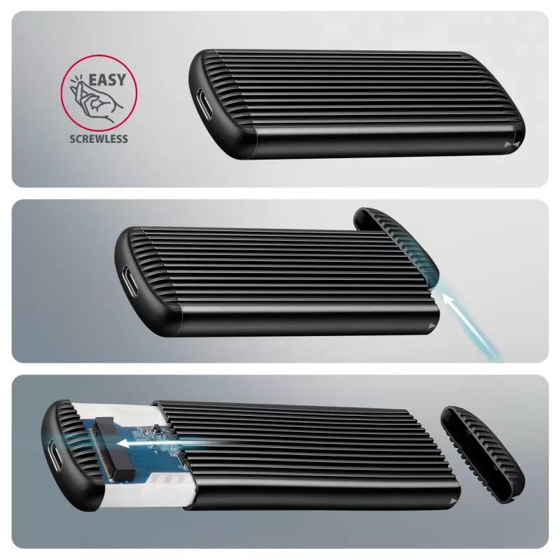 Case esterno in metallo AXAGON EEM2-SC USB-C 10 Gbit/s senza viti per SSD M.2 NVMe, un alloggiamento, grigio