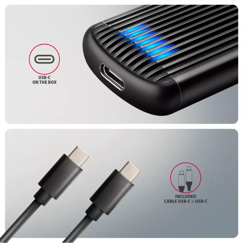 Case esterno in metallo AXAGON EEM2-SC USB-C 10 Gbit/s senza viti per SSD M.2 NVMe, un alloggiamento, grigio