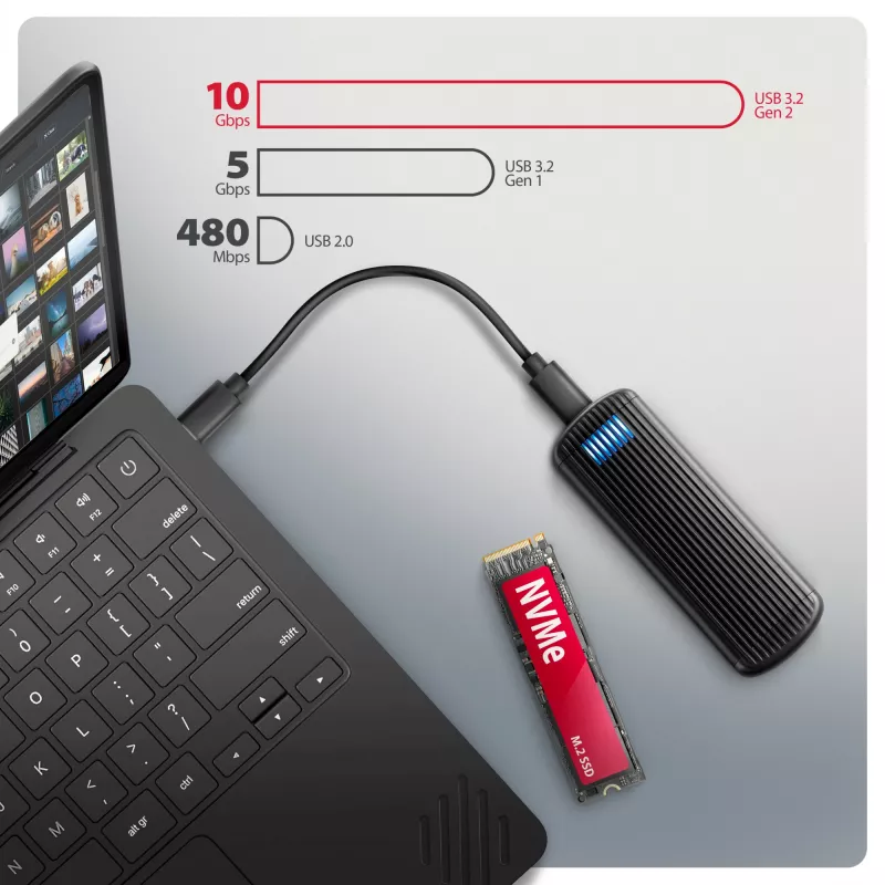 Case esterno in metallo AXAGON EEM2-SC USB-C 10 Gbit/s senza viti per SSD M.2 NVMe, un alloggiamento, grigio