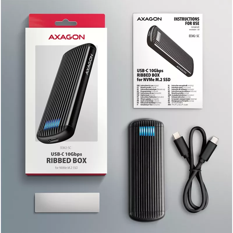 Case esterno in metallo AXAGON EEM2-SC USB-C 10 Gbit/s senza viti per SSD M.2 NVMe, un alloggiamento, grigio