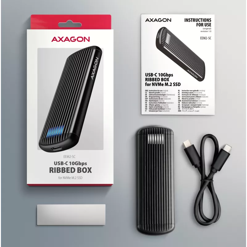 Case esterno in metallo AXAGON EEM2-SC USB-C 10 Gbit/s senza viti per SSD M.2 NVMe, un alloggiamento, grigio