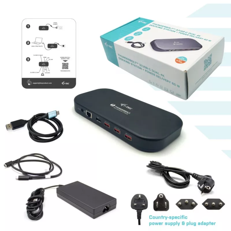 i-tec Thunderbolt 3/USB-C docking station dual-4K + cavo USB-C a DisplayPort (1,5 m) + alimentazione 60 W