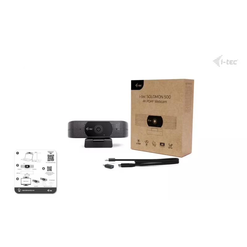 Webcam ITEC i-tec SOLOMON 500 4K PDAF — 4K Ultra HD, 3840×2160, USB, supporto a clip, nero