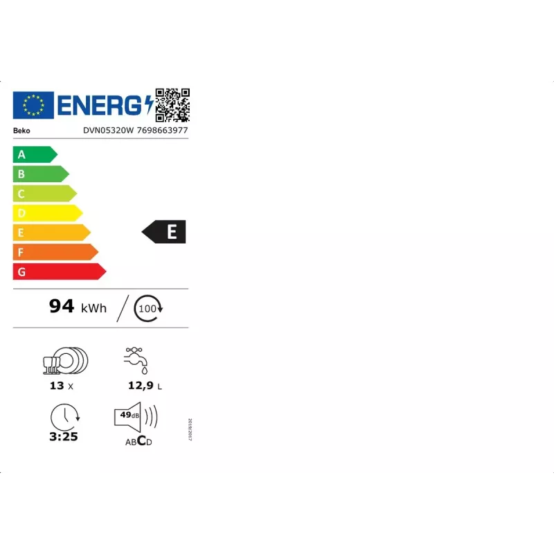 Lavastoviglie freestanding BEKO DVN05320W — larghezza 60 cm, 13 coperti, 49 dB, 5 programmi, classe di efficienza energetica E