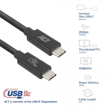 ACT cavo USB4 20Gbps 240W USB Type-C 2m nero certificato USB-IF