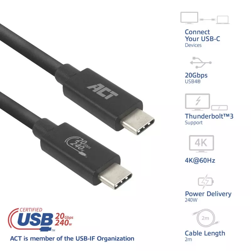 ACT cavo USB4 20Gbps 240W USB Type-C 2m nero certificato USB-IF