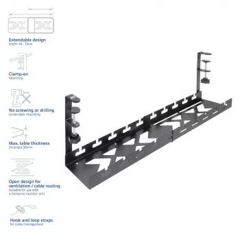 Vassoio portacavi estraibile sottoscrivania ACT 43–72 cm fissaggio a morsetto, acciaio, 728×130×190 mm, 5 kg