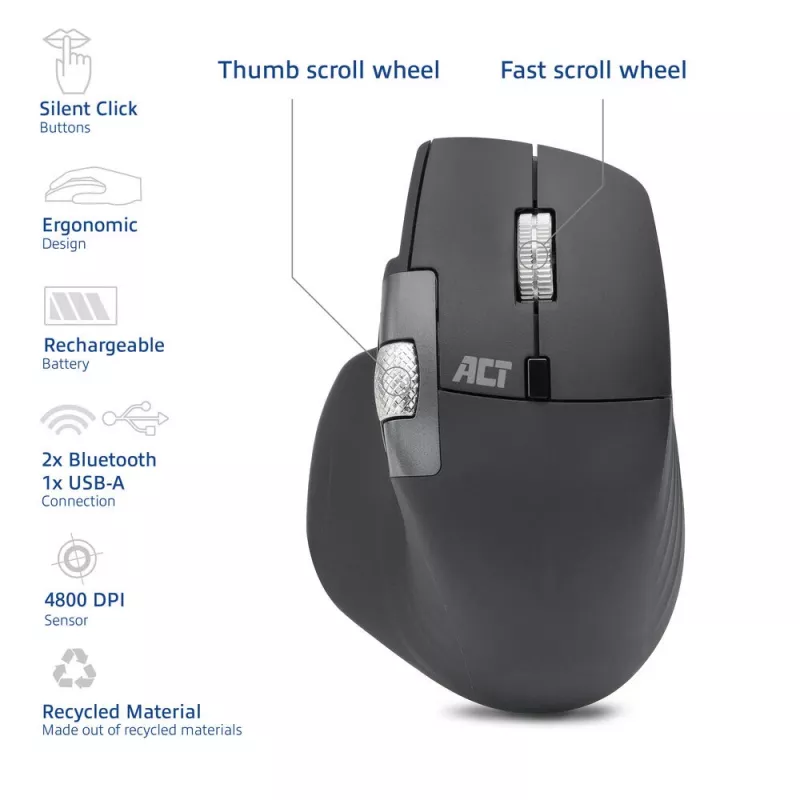 ACT AC5147 mouse wireless, Bluetooth/USB, clic silenzioso, 4800 DPI, grigio