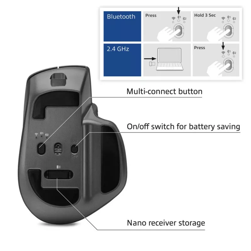 ACT AC5147 mouse wireless, Bluetooth/USB, clic silenzioso, 4800 DPI, grigio
