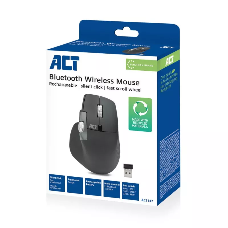 ACT AC5147 mouse wireless, Bluetooth/USB, clic silenzioso, 4800 DPI, grigio